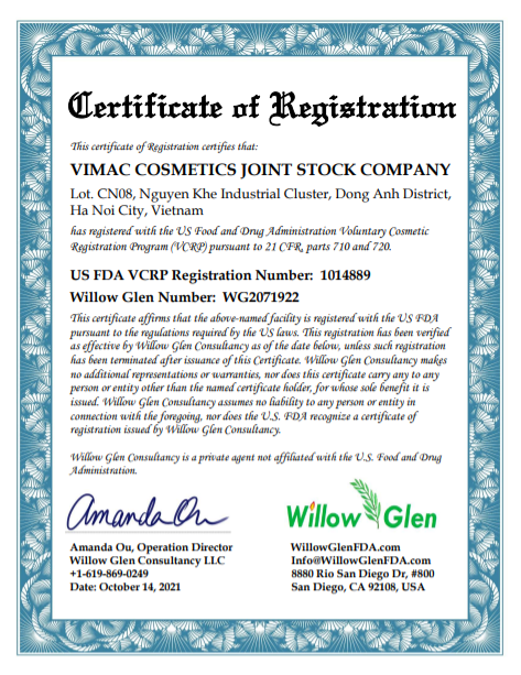 Nhà máy sản xuất mỹ phẩm Vimac đạt giấy chứng nhận FDA mỹ phẩm 3